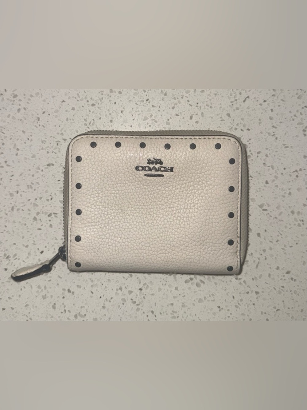 COACH Pebbled Leather Zip Wallet in Light Taupe with Black Studs